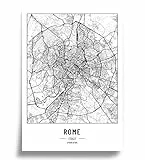 Cool Factory Poster Stadtplan A4 Schwarz Weiss, Papier 250 gr. Bild für Wohnzimmer und Schlafzimmer, Sehr viele Stadtmuster, minimalistisches Poster, perfekte Geschenkidee, Ohne Rahmen, Poster Rome