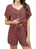 Reliwel Schlafanzug Damen Kurz mit Knopfleiste V-Ausschnitt Baumwolle Pyjama Set Shorty Loungewear Sleepwear Sommer Pijamas mit Shorts Weinrot, M