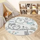 carpet city Teppich Kinderzimmer 120 cm Rund - Kinderteppich Creme, Blau - Auto, Straßen - Spielteppich Kinder - Babyzimmer Deko