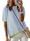 Cuptacc Tops Damen Gestreiftes T Shirt Damen Sommer Rundhals Oberteile Bluse Kurzarm Baumwolle Locker Top Himmelblau Mittel M 38-40
