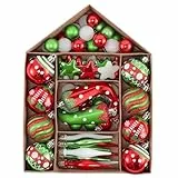 Victor's Workshop Weihnachtskugeln 70tlg. Kunststoff Christbaumkugeln Weihnachtsdeko Weihnachtsbaum Dekoration Set Plastik Weihnachten Deko mit Anhänger Elfen Thema Rot Grün Weiß(M)