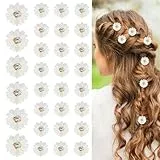 30 Stück Mini Weiß Blumen Haarspangen mit Strass, Kleine Strass Hochzeit Haarschmuck, Stoff Blumenblüten Haarnadel, Elegante Hochzeit Dekoratives Zubehör für Mädchen und Frauen