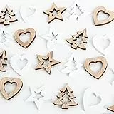 Logbuch-Verlag 24 kleine Holz Weihnachten Streuteile weiß Natur Deko zum Streuen mini Tischdeko 2,5 – 3 cm Herz Baum Sterne