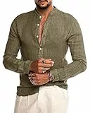 AUDATE Leinenhemd Herren Button-down Sommerhemd Langarm Herren Hemd Shirt Freizeithemd Armeegrün XL