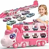 maysida Transport Truck Auto Spielzeug für Mädchen Alter 3 4 5 6, Einhorn Rennbahn-Truck mit 6 Rennautos, AutotransporterTruck mit Autos Spielzeug für Kinder ab 3-6 Jahre Mädchen Geschenk Rosa-Lila