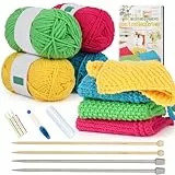 Aeelike 4 Muster Strickset für Anfänger, Strick Lumpen Set mit Stricknadeln 5,0mm, 5Ply Strickgarn, Zubehör, Praktisch und schön Lappen Strickset mit Anleitung, Strickn für Anfänger Profis Set Dunkel
