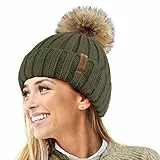 TOSKATOK® Womens Winter-Rib Strickmütze/Beanie mit abnehmbaren Chunky Faux Fur Bobble Pom Pom-Olive