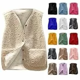 EMATOP Teddy Fleece Weste Damen Winter Warm Fellweste Ärmellos Leicht Fleeceweste Einfarbig Elegant Plüschweste V-Ausschnitt Knöpfen Teddyweste mit Taschen Winterweste Bequem Übergangsjacke