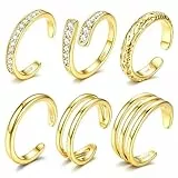 ADRAMARA 6 Stück Zehenringe für Damen, 14K Vergoldete Verstellbare Zehenring Set, Offene CZ Ringe Nicht Anlaufend, Filigraner Sommer Strand Fußschmuck