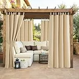 Clothink 2er Set Outdoor Vorhang Wetterfest Klettverschluss, Outdoorvorhänge Wasserdicht Outdoor Gardinen Sonnenschutz Sichtschutz für Balkon Pergola Terrasse Veranda (255x245cm, Beige)