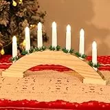 Lewondr Kerzenleuchter Weihnachten, Flammenlos 7 Kerzenlichter, Dekorativ LED Bogen Weihnachten Holz Weihnachtslichter Fensterbank, USB-betrieben Kerzenbrücke Schwibbogen für Advent Innen, Holz
