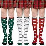 Beaulov Damen Kniestrümpfe Halloween Socken Overknee Strümpfe Damen Kniestrümpfe für Weihnachten Thigh Highs Strümpfe Frauen Lang Socken für Frau (B-Grün/Weiß/Rot)