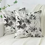 AwzyGous Kissenbezug Schwarz Blumen 40x40 2er Set Sommer Kissenhülle Leinen Sofakissen Moderne Abstrakte Florales Aquarellmalerei Dekokissen für Sofa Schlafzimmer Couch Outdoor