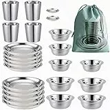 COTOM Edelstahl-Camping-Besteck (24-teiliges Set) Outdoor-Set mit Tassen Schalen kleine Teller kommt mit Reisetasche. Entworfen für Picknicks Reisen