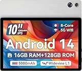 Ainmel Tablet 10 Zoll (2025), Android 14 Tablet 10.36 Zoll Octa-Core,1280x800 IPS,16GB RAM 128GB ROM 1TB TF, 5G WiFi 6, Bluetooth 5.0, 5000mAh, 5MP+8MP, Widevine L1, Silberweiß