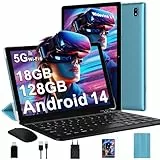 DMOAO Tablet 10 Zoll Android 14 mit 5G WLAN 6, 18 GB RAM + 128 GB ROM(TF 1TB), Widevine L1, Octa-Core, BT 5.0, Face ID, FHD 1280 * 800 IPS, 6000 mAh, 2 in 1 Tablet mit Tastatur + Maus, Blau
