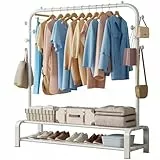 SMILOVII Kleiderständer, Garderobenständer Stabil Kleiderstange mit 6 Haken und 2 Schuhregal Ablage Regal, Schlafzimmer Kleiderständer Freistehender Kleiderbügel, Weiß