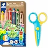 STAEDTLER 3in1 Buntstifte und Sicherheitsschere Noris junior, Bunt-, Wachsmal- und Aquarellstift, ideal für Kleinkinder, schneidet nur Papier, 6 Farben Spitzer und Sicherheitsschere, 140 C6 P2X