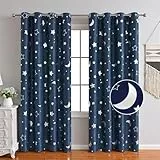 Freyamy Vorhang Blickdicht Dunkelblau Mond Sternenvorhänge 2 Stück,200x100cm (HxB) Niedliche Vorhänge mit Ösen Lichtundurchlässig thermovorhang kälteschutz Gardinen Lärmschutz für Kindervorhänge