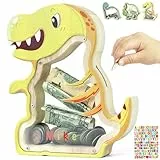 DBPBToU Spardose Kinder aus Holz Spardose Dino, Sparschwein Durchsichtig für Kinder, Sparbox Personalisierte (Tyrannosaurus Rex und Aufkleber)
