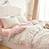 Lanqinglv Bettwäsche 135x200 cm Rosa Weiß Blätter Blumen Muster Pflanzen Wende Bettwäsche Set Microfaser Renforce Bettbezug mit Reißverschluss und Kissenbezug 80x80 cm