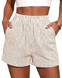 NONSAR Damen Sommer Shorts Striped Cotton Weiche Casual Kurze Hose Elastic Waist Lightweight Shorts with Pockets(9378L,Braun)