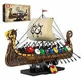 Reobrix Wikinger Piratenschiff Baustein-Spielzeug, Display Langschiff-Kollektion Bausatz-Modelle für Erwachsene, 66101 Großes Segelschiff Mittelalterliche Bewaffnete Kriegsschiff Baustein-Puzzle