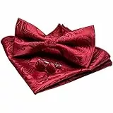 JEMYGINS Paisley Fliege und Einstecktuch mit Manschettenknöpfe Sets für Herren, Dunkelrot, M