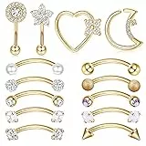 Kakonia 14stk Rook Daith Piercing Schmuck 16G Chirurgenstahl 8mm Curved Langhantel Augenbrauen Helix Tragus Snug Lip Bauchnabel Banane Herz Mond Ohr für Damen Herren