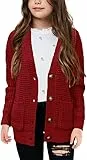 Tankaneo Mädchen Pullover Kinder vorne offen Knopf unten Strickjacken mit Taschen Rot