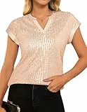 GRACE KARIN Damen Pailletten Bluse Elegant V Ausschnitt Kurzarm Cocktail Club Night Outfits L Aprikose