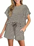 Tankaneo Damen Zweiteiler Kurzarm Lounge Set Sommer Outfits Gestreifte Lockere Pyjama Set Hausanzug Rundhalsausschnitt T Shirt mit Shorts