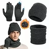 Figarge 3 Stück Mütze Herren Damen Wintermütze Schal Handschuh Sets Thermo Fleece gefüttert Schnee Strickmütze, 3 in 1 Winter Mützen Touchscreen Handschuhe Halswärmer Snood Set (Dunkelgrau)
