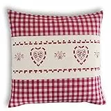 wometo Kissenhülle Zierkissen 40x40 OekoTex - Landhaus-Stil Dekokissen Sofakissen Stick Herz rot kariert, Karo rot Heller Hintergrund Reißverschluss