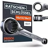PRESCH Doppel Ratschenschlüssel 10 13 17 19 mm - Umschaltbare Ratschenfunktion - Präzisionsgefertigt mit 90 Zähnen & 4° Rückholwinkel - 4 Größen in einem Schlüssel - 4 in 1 Ringratschenschlüssel
