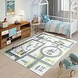 TAPISO Emma Teppich Waschbar bei 30 Grad Bunt Straße Verkehr Baustelle bedruckter Kinderteppich Antirutsch Kinderzimmer Jugendzimmer Modern ÖKO-TEX 140 x 200 cm