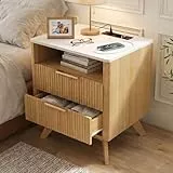 Hawthyhome Eiche Nachttische mit Ladestation 2 AC, USB, Type-C, Nachtschrank mit 2 Schubladen, Moderner Beistelltisch für Schlafzimmer, 46x46x61 cm