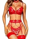 RSLOVE Damen Dessous Set Spitzen Unterwäsche Sexy Reizwäsche mit Strapsen BH und G-String mit Strumpfgürteln 3 Teilige Rot S