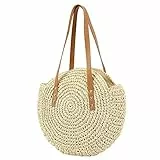 YXQSED Damen Gewebte Tasche Rund - Sommer Strandtasche Stroh Umhängetaschen Handgemachte Schultertaschen Groß Beige