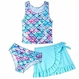 AIDEAONE Badeanzüge für Mädchen Kinder Tankini entzückende Dreiteiliges Set mit Blaue Meerjungfrau Boden Bademode 5-6 Jahre, Größenetikett 6T
