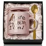 Biching Tasse mit Aufschrift 'Best Dog Mum Ever', 400 ml, rosa marmorierte Kaffeetasse mit goldfarbenem Muster, mikrowellengeeignet, spülmaschinenfest, mit Deckel, goldenem Löffel, Grußkarte und