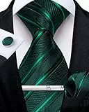 DiBanGu Grün Gestreift Krawatten und Taschentuch-Set für Männer Smaragdgrün Krawatte mit Manschettenknopf-Krawattenklammer für Hochzeit Formell