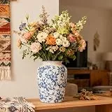 orenm Vase Keramik Blau Weiß – Deko Vase Vintage, Porzellan Vase für Wohnzimmer Tischdeko,Esstisch & Fensterbank 20cm Höhe