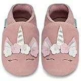 IceUnicorn Lauflernschuhe Baby Krabbelschuhe Lederschlappen Babys Jungen Mädchen Weicher Lederpuschen(Hellrosa Einhorn, 12-18 Monate)