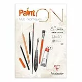 Clairefontaine 96538C - Malblock / Zeichenblock PaintON feinkörnig DIN A5 14,8x21 cm, kopfseitig geleimt, 40 Blatt, 250g, 100% Zellulose, Korrekturen möglich, ideal für Mixmedia, Weiß, 1 Stück