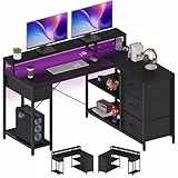 YITAHOME L Form Schreibtisch mit USB Ladeanschluss und Steckdose,Reversible Eckschreibtisch mit 4 Schubladen und Regal,Gaming Schreibtische mit Monitorständer,140x100 cm Computertisch für Büro,schwarz
