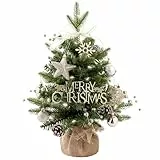 DUOJIN künstliche Weihnachtsbäume, Weihnachtsdekoration, Mini künstliche Weihnachtsbäume Drehbar mit Beleuchtung, Schneeflocken, Sterne und Kegel, 50cm