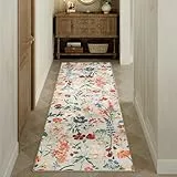 HUGEAR Beige Waschbarer Läufer Teppich Flur 60x240cm Blumenmuster Bettvorleger Blumen Boho Modern Küchen Wohnzimmer Schlafzimmer Teppiche rutschfest Kurzflor Weich Flurläufer Teppichläufer