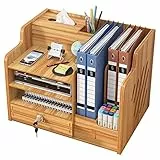 Hggzeg Schreibtisch-Organizer aus Holz mit Schublade, großes Fassungsvermögen, Schreibtisch-Organizer, A4-Papier-Dokumentensortierer, DIY-Bürobedarf, Aufbewahrungsbox für Zuhause(JB07-2 Kirschholz)