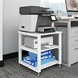 PUNCIA 3-Ebene Druckertisch mit Universalrollen mobiler Druckerständer aus Holz & Metall Druckerwagen Stauregal 50x50x50cm bis zu 70 kg belastbar weiß für Büro Zuhause Office Schule